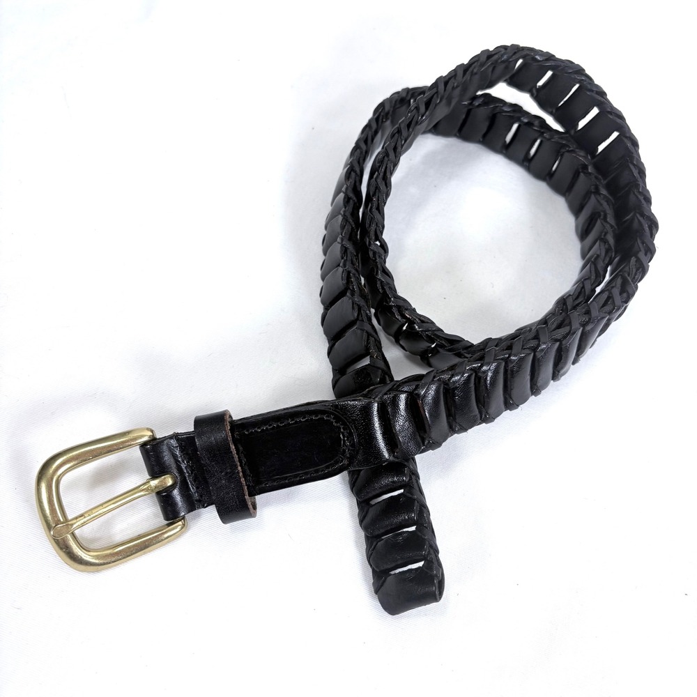 Black Genuine Leather Woven Belt Solid Brass Buckle Women Medium